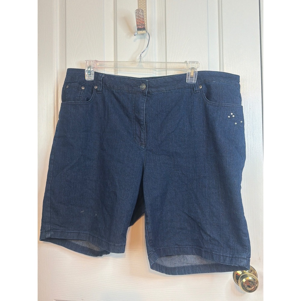 Basic Editions Womens Dark Wash Rhinestone Denim Shorts Blue Plus Size 20W